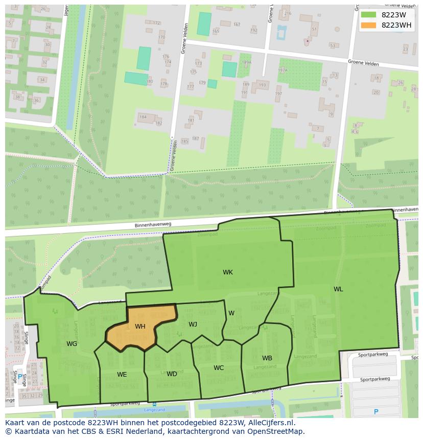 Afbeelding van het postcodegebied 8223 WH op de kaart.
