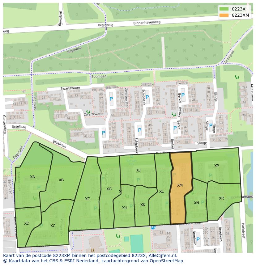 Afbeelding van het postcodegebied 8223 XM op de kaart.