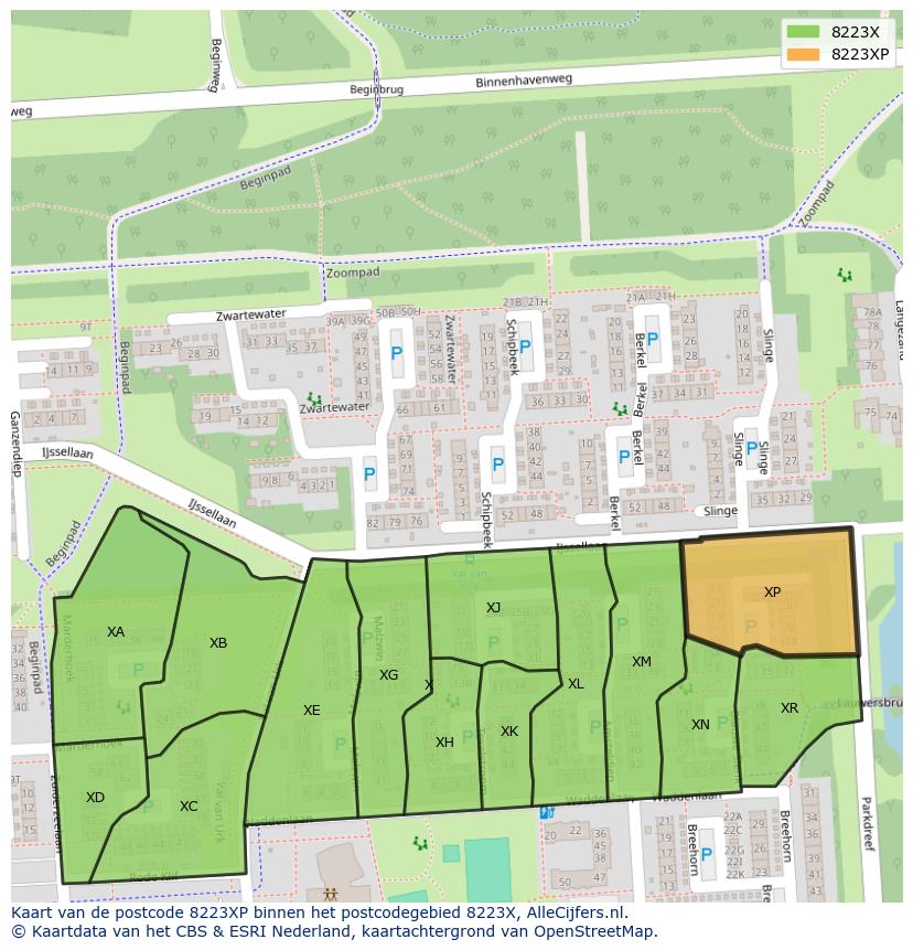 Afbeelding van het postcodegebied 8223 XP op de kaart.