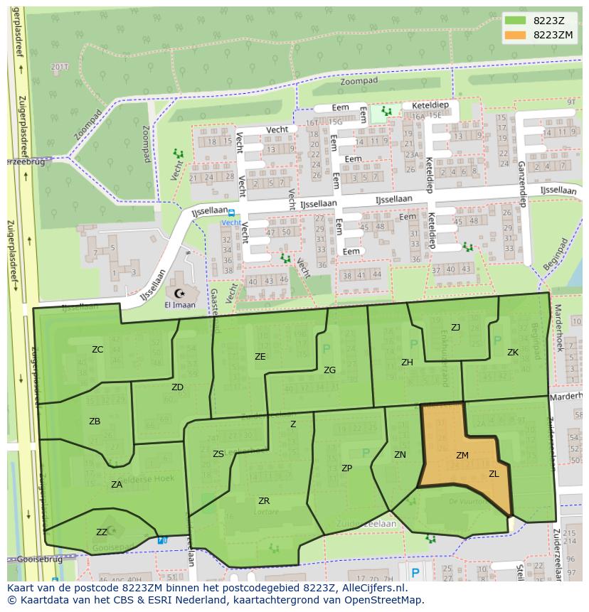 Afbeelding van het postcodegebied 8223 ZM op de kaart.
