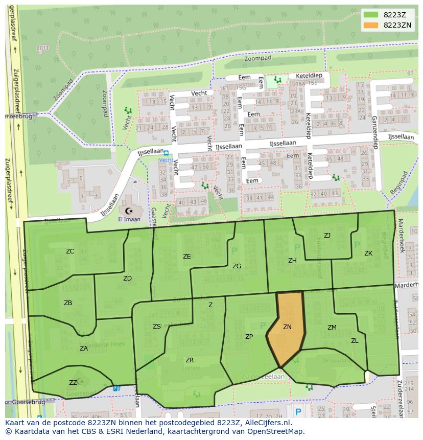 Afbeelding van het postcodegebied 8223 ZN op de kaart.