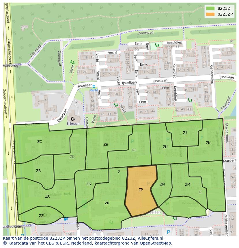 Afbeelding van het postcodegebied 8223 ZP op de kaart.