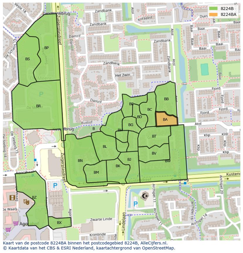 Afbeelding van het postcodegebied 8224 BA op de kaart.