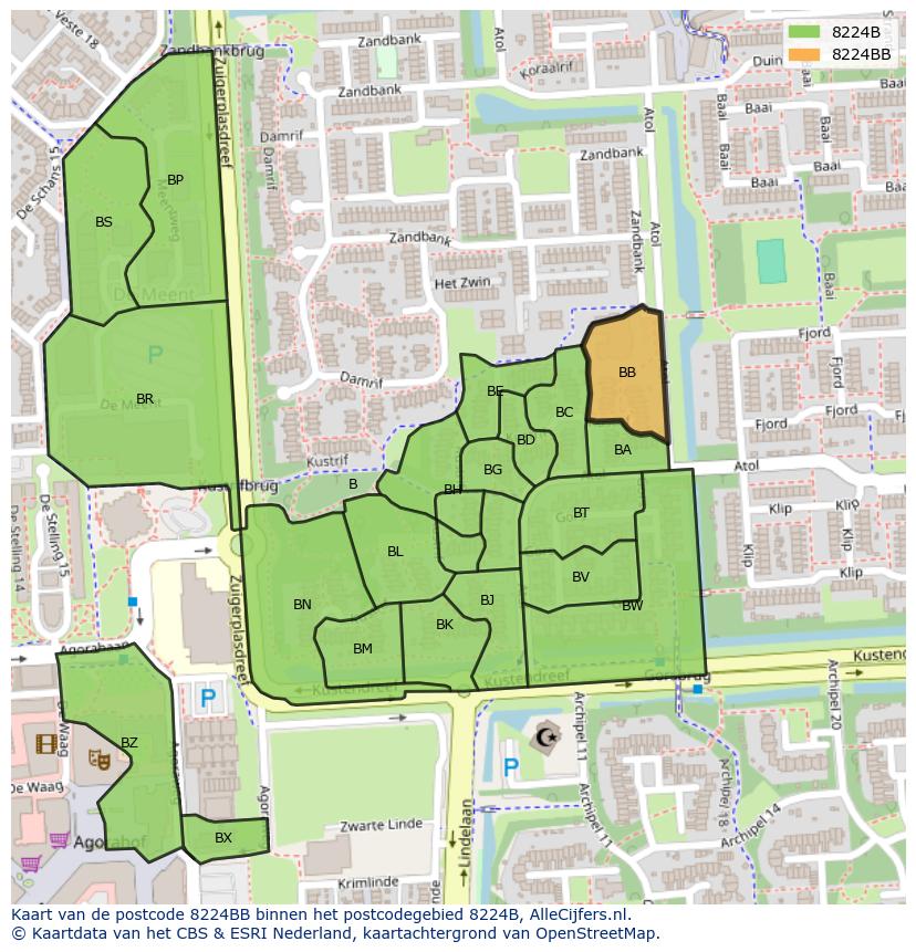 Afbeelding van het postcodegebied 8224 BB op de kaart.