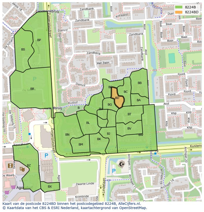 Afbeelding van het postcodegebied 8224 BD op de kaart.