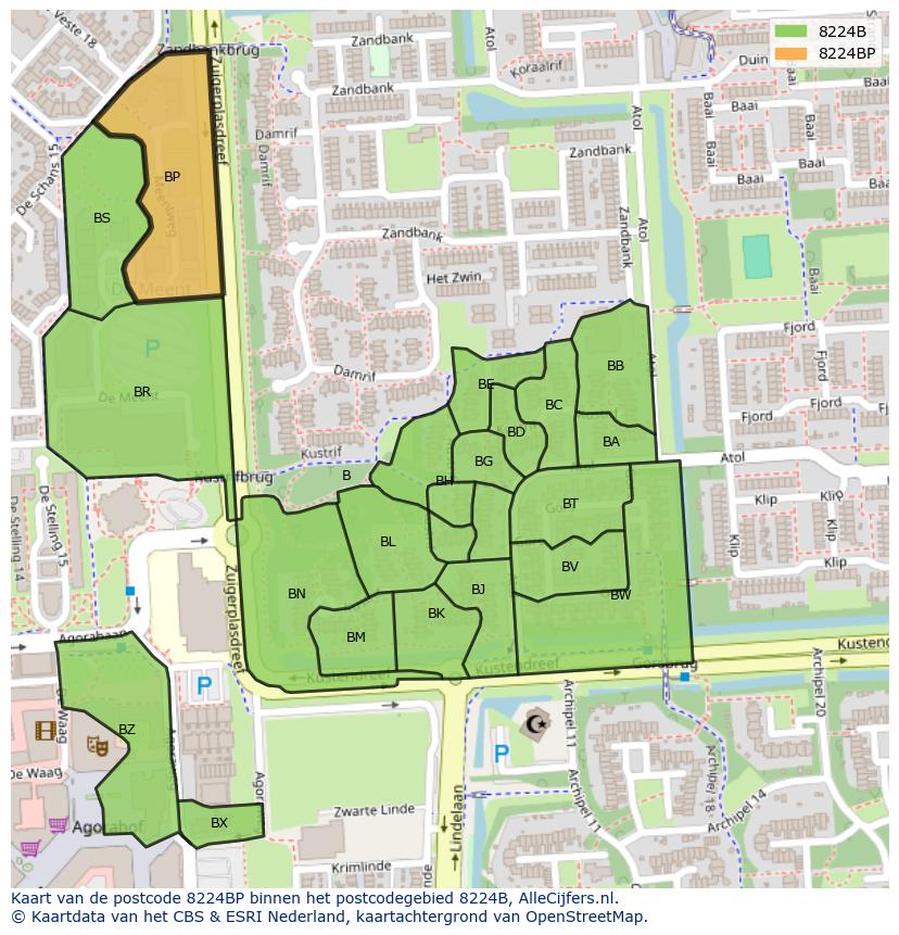 Afbeelding van het postcodegebied 8224 BP op de kaart.