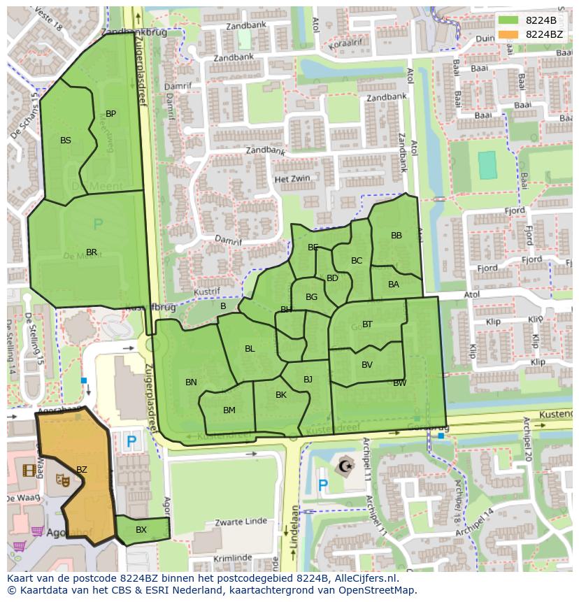 Afbeelding van het postcodegebied 8224 BZ op de kaart.