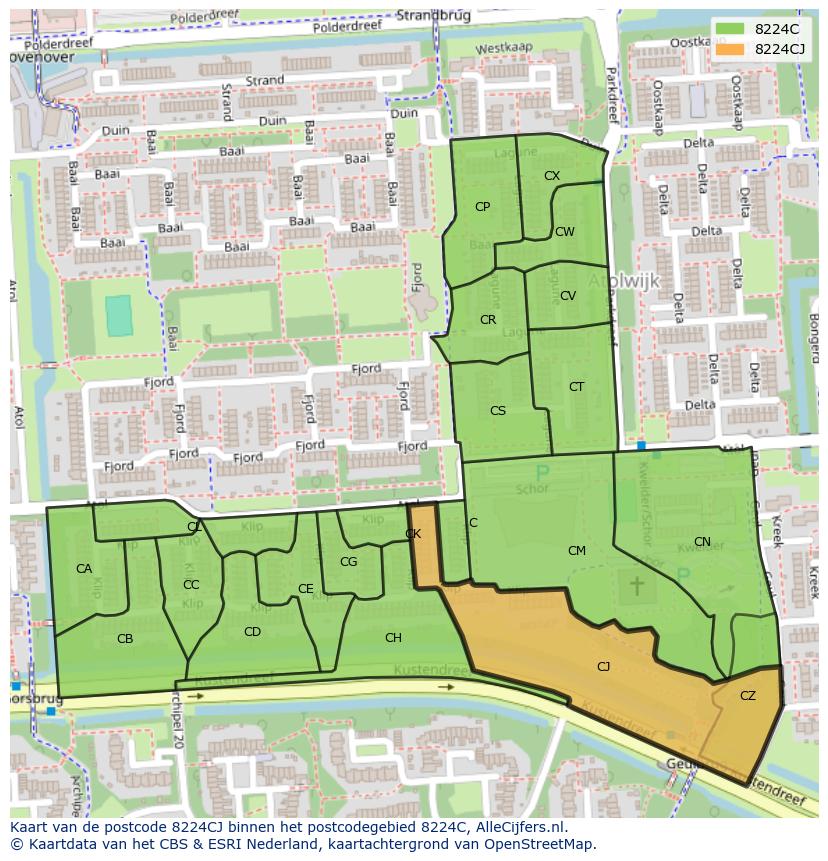 Afbeelding van het postcodegebied 8224 CJ op de kaart.