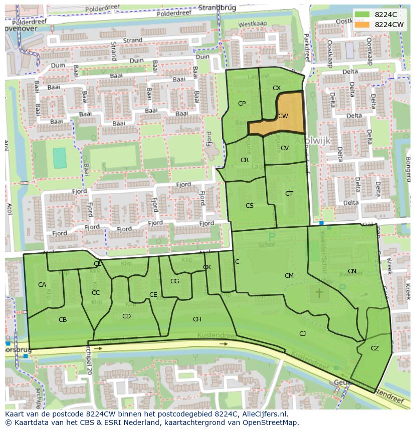 Afbeelding van het postcodegebied 8224 CW op de kaart.
