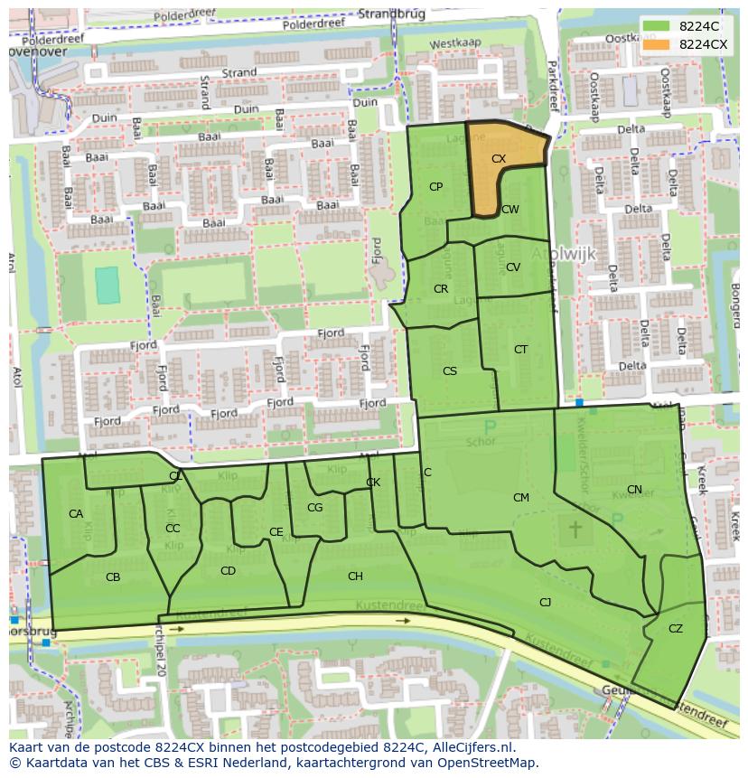 Afbeelding van het postcodegebied 8224 CX op de kaart.