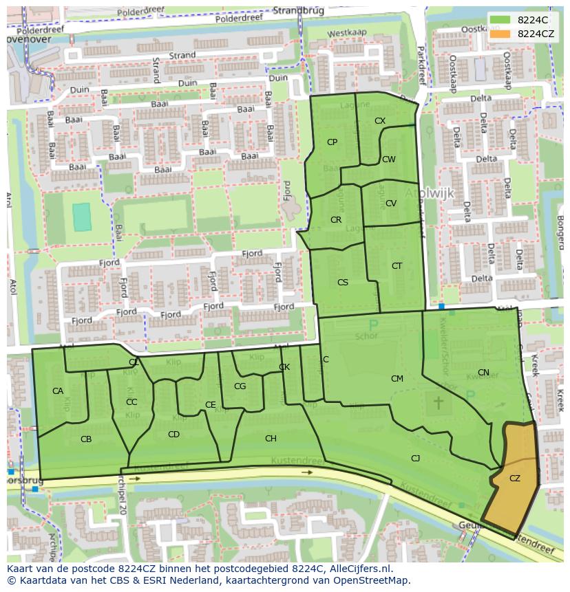 Afbeelding van het postcodegebied 8224 CZ op de kaart.