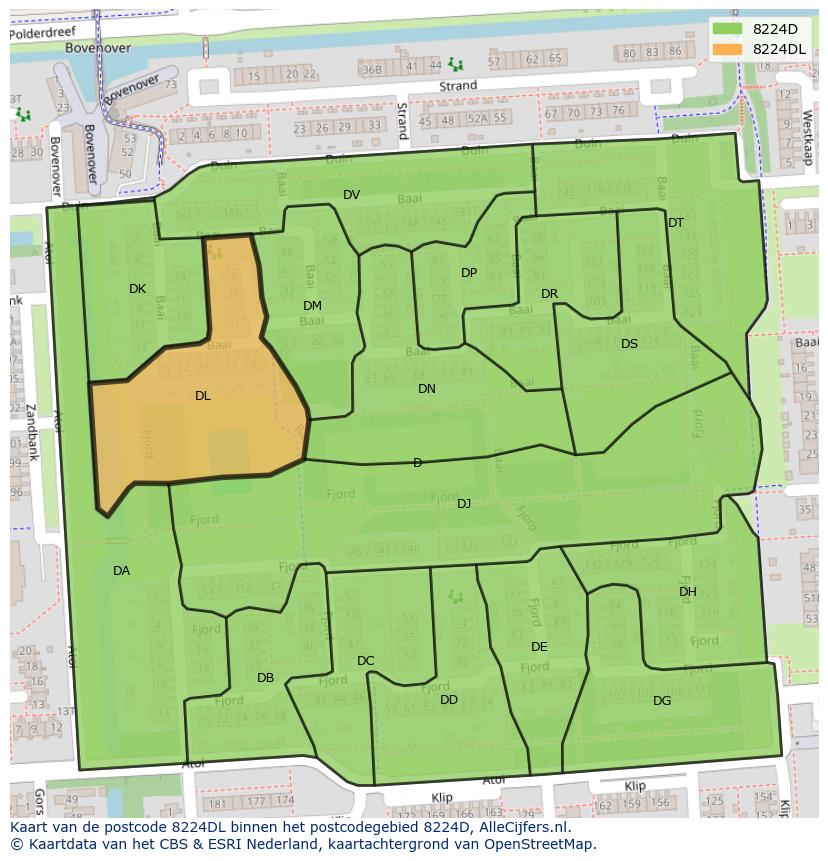 Afbeelding van het postcodegebied 8224 DL op de kaart.