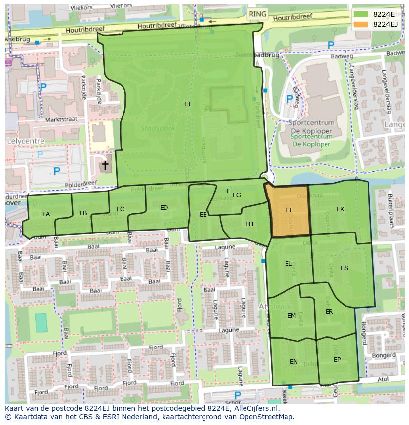 Afbeelding van het postcodegebied 8224 EJ op de kaart.