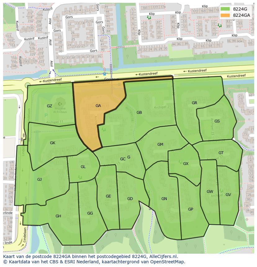 Afbeelding van het postcodegebied 8224 GA op de kaart.