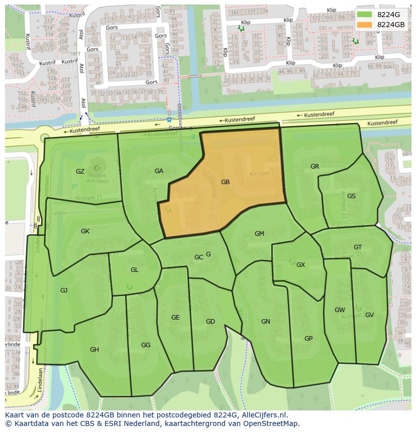 Afbeelding van het postcodegebied 8224 GB op de kaart.
