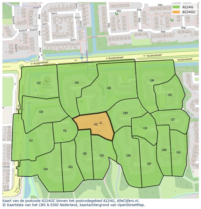 Afbeelding van het postcodegebied 8224 GC op de kaart.