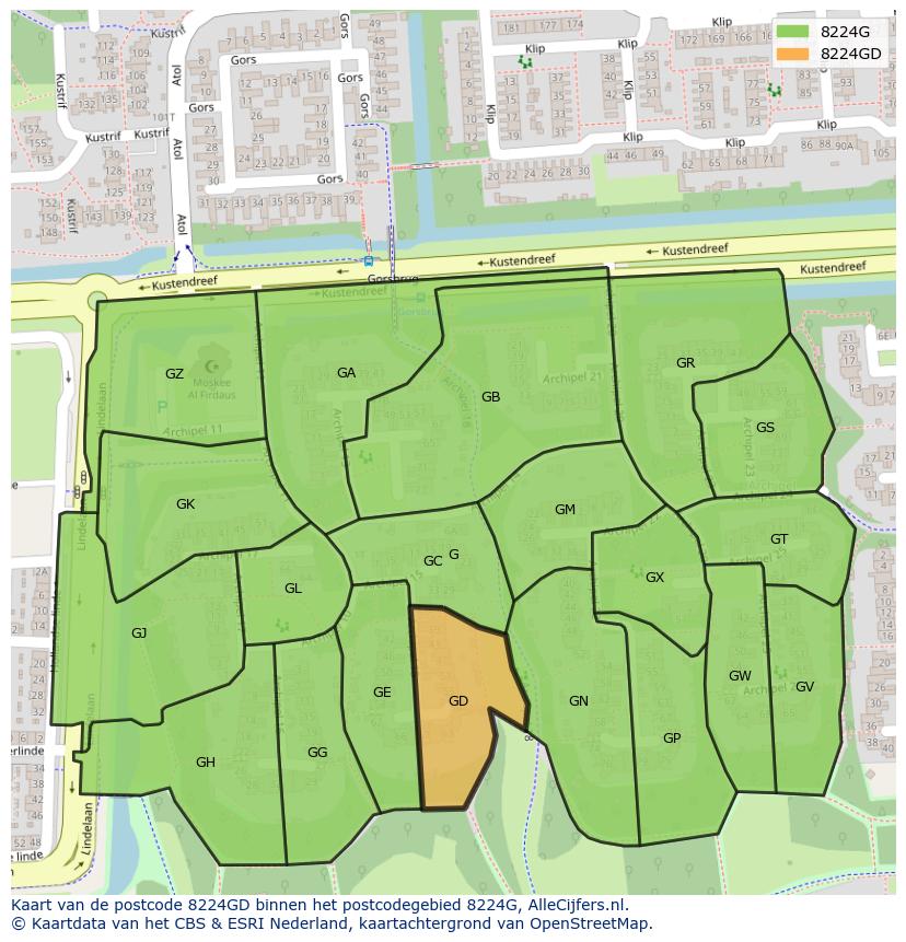Afbeelding van het postcodegebied 8224 GD op de kaart.