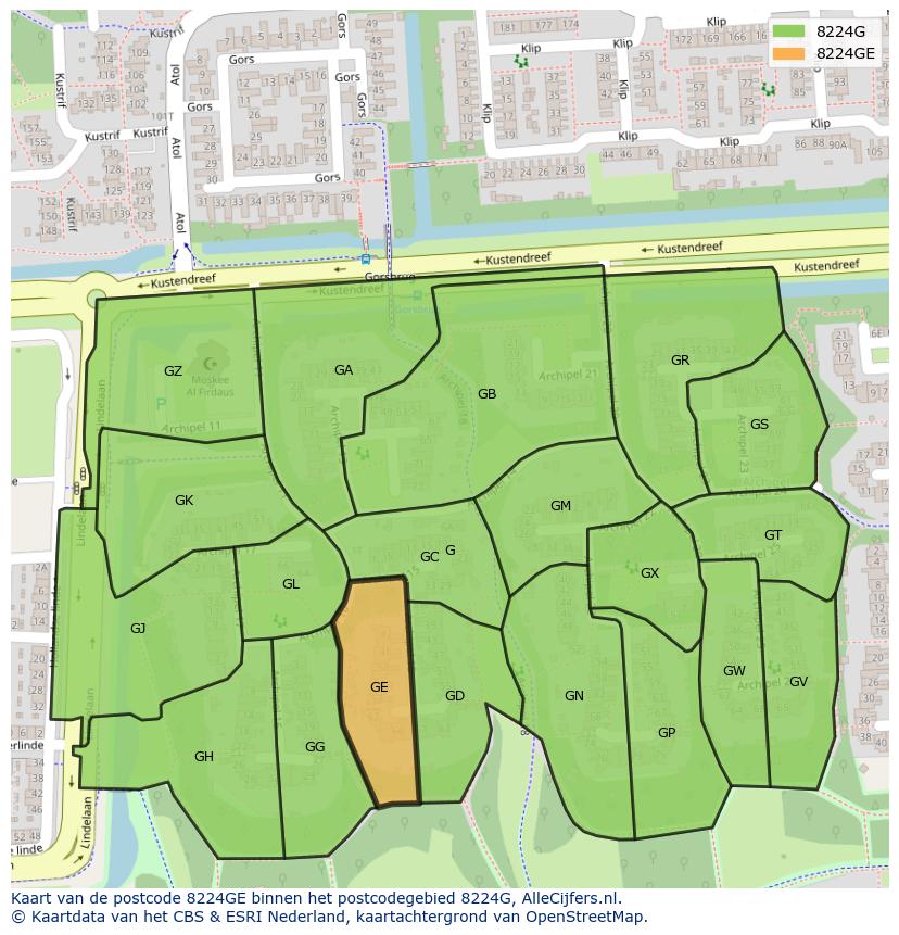 Afbeelding van het postcodegebied 8224 GE op de kaart.