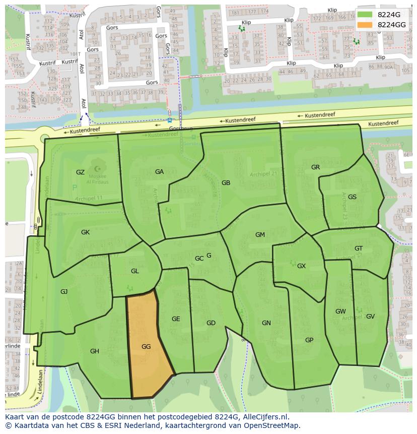 Afbeelding van het postcodegebied 8224 GG op de kaart.