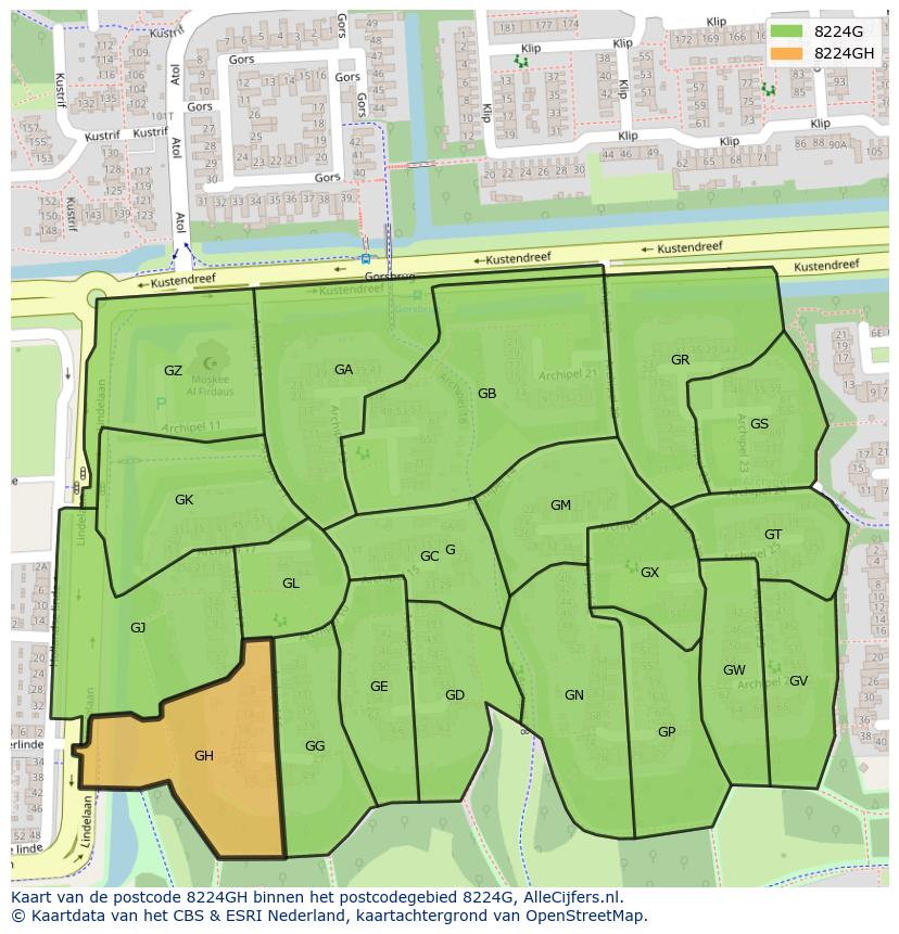 Afbeelding van het postcodegebied 8224 GH op de kaart.