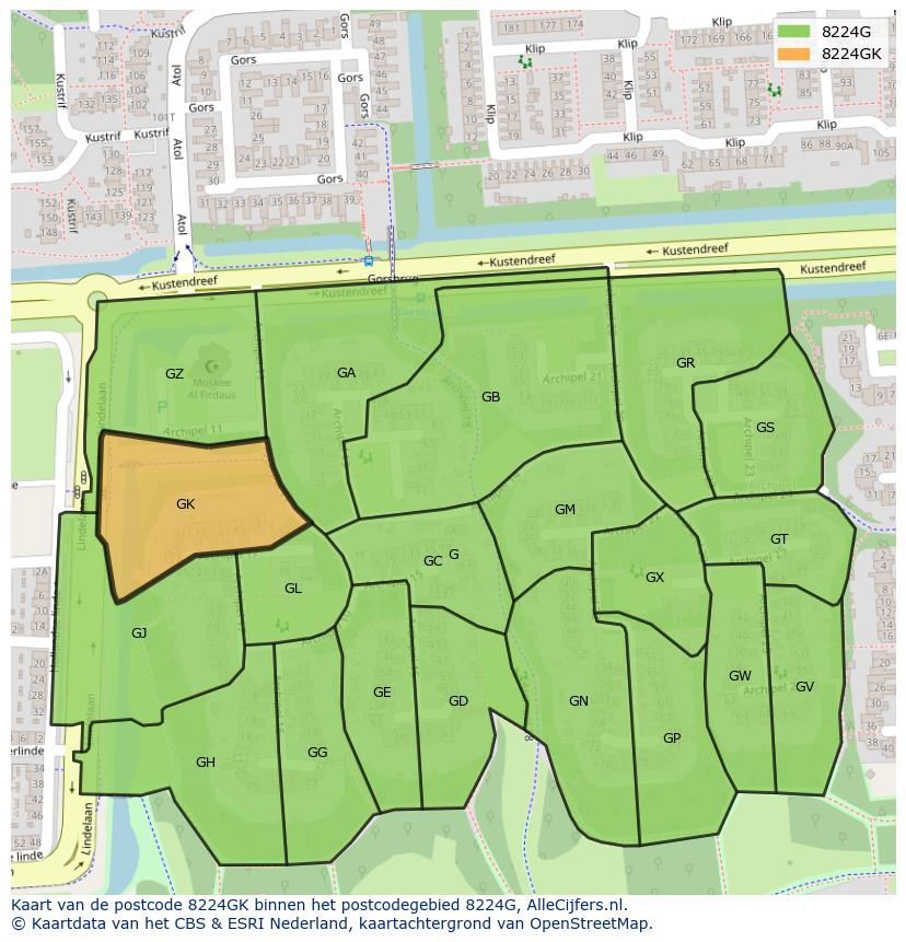 Afbeelding van het postcodegebied 8224 GK op de kaart.