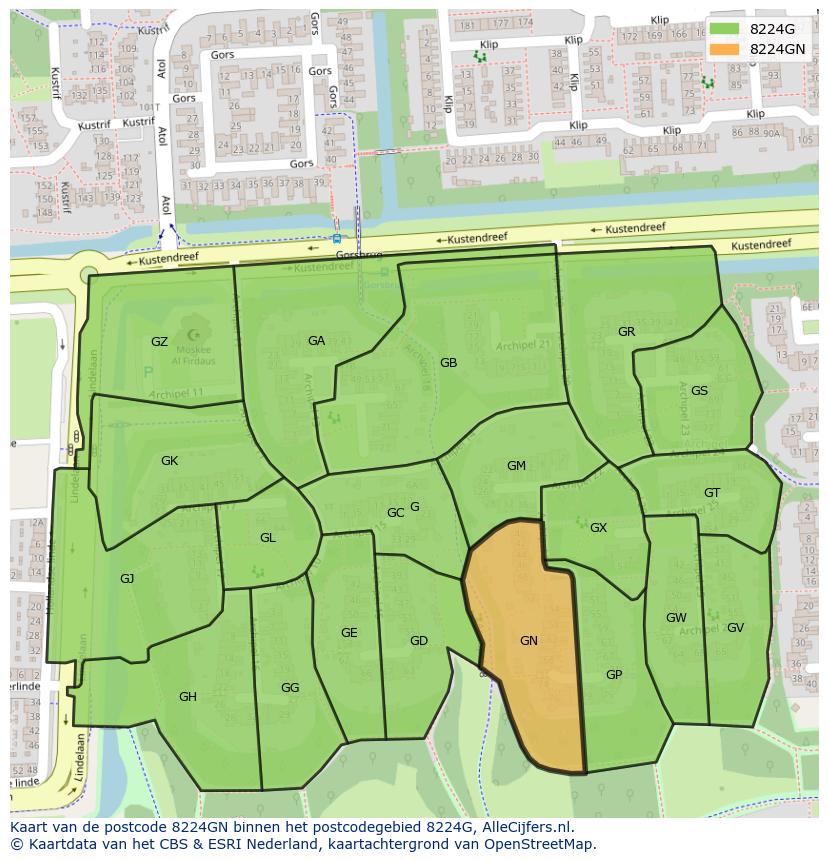 Afbeelding van het postcodegebied 8224 GN op de kaart.