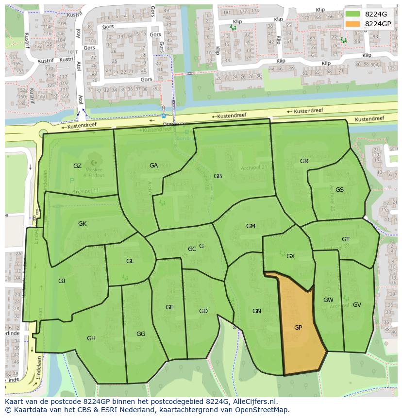 Afbeelding van het postcodegebied 8224 GP op de kaart.