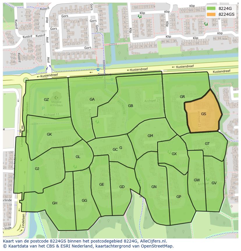 Afbeelding van het postcodegebied 8224 GS op de kaart.