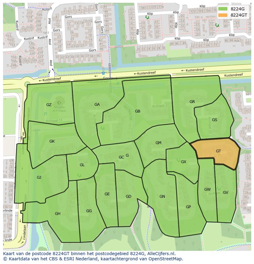 Afbeelding van het postcodegebied 8224 GT op de kaart.