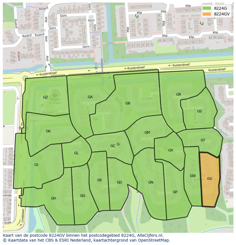 Afbeelding van het postcodegebied 8224 GV op de kaart.