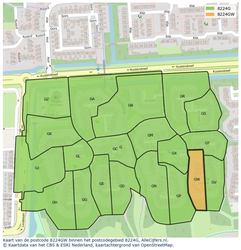 Afbeelding van het postcodegebied 8224 GW op de kaart.