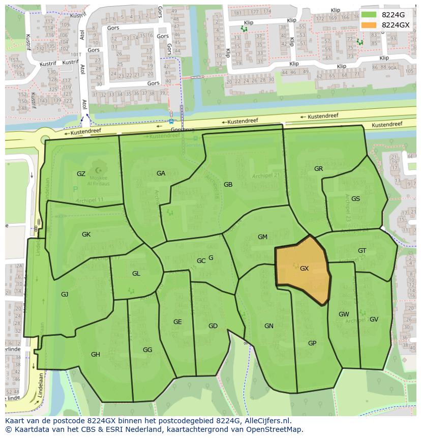 Afbeelding van het postcodegebied 8224 GX op de kaart.