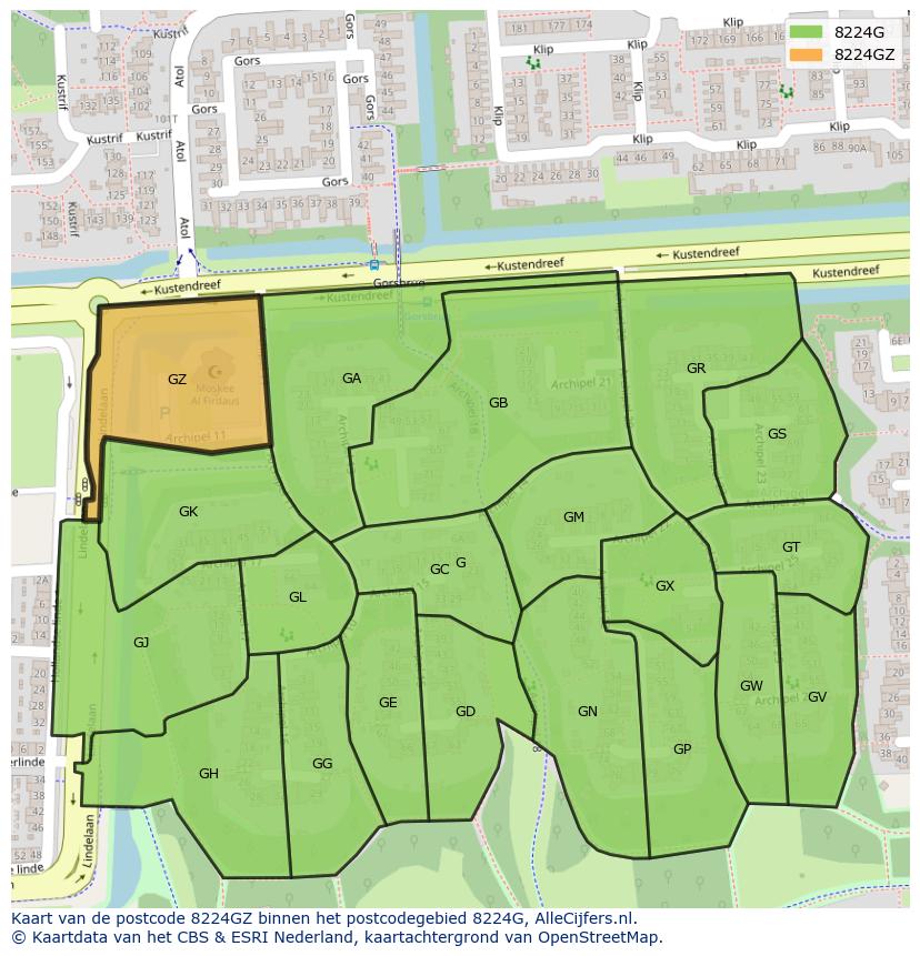 Afbeelding van het postcodegebied 8224 GZ op de kaart.