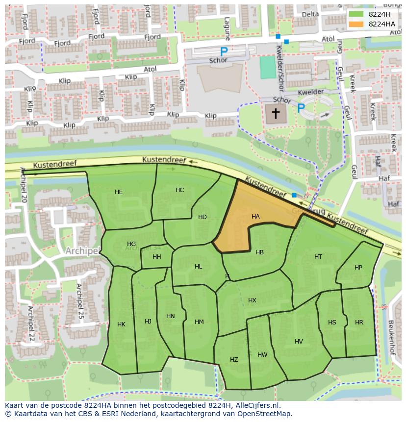 Afbeelding van het postcodegebied 8224 HA op de kaart.