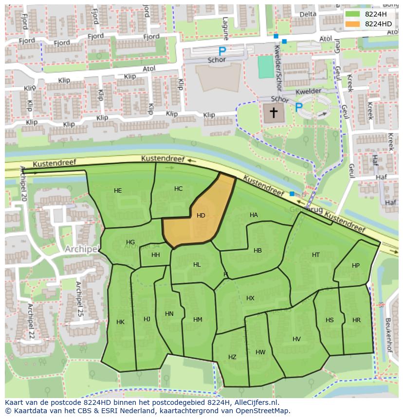 Afbeelding van het postcodegebied 8224 HD op de kaart.