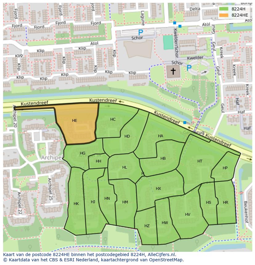 Afbeelding van het postcodegebied 8224 HE op de kaart.