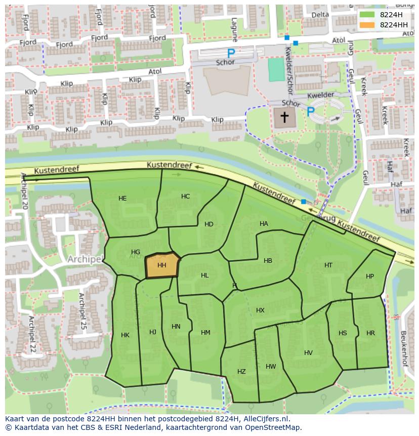 Afbeelding van het postcodegebied 8224 HH op de kaart.