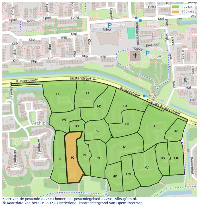 Afbeelding van het postcodegebied 8224 HJ op de kaart.