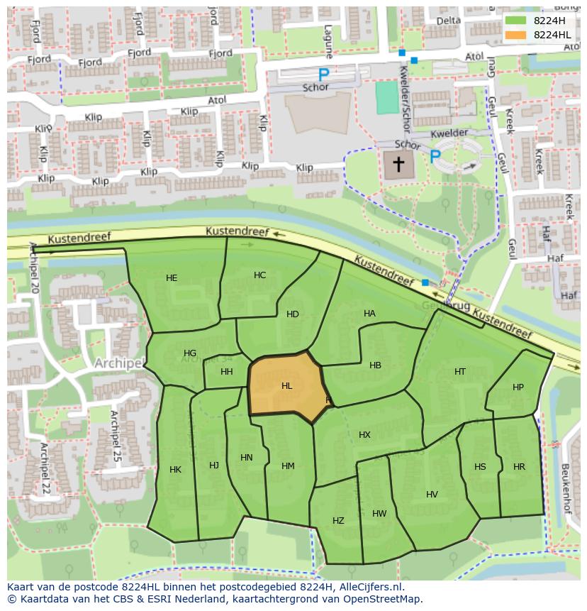 Afbeelding van het postcodegebied 8224 HL op de kaart.