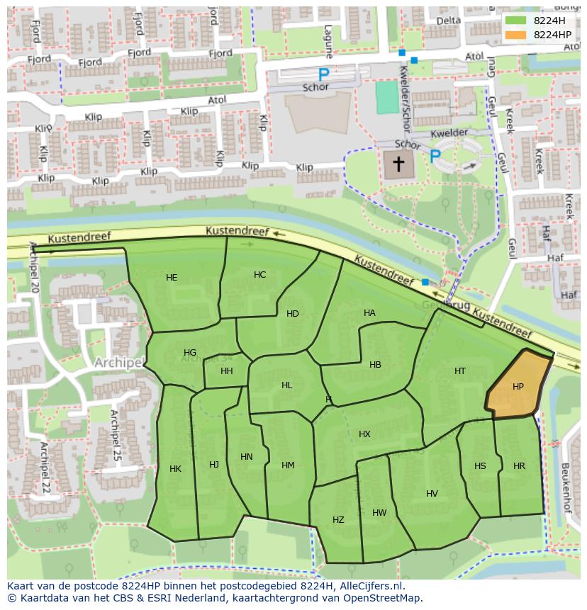 Afbeelding van het postcodegebied 8224 HP op de kaart.