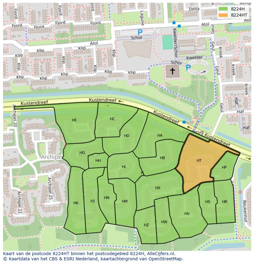 Afbeelding van het postcodegebied 8224 HT op de kaart.