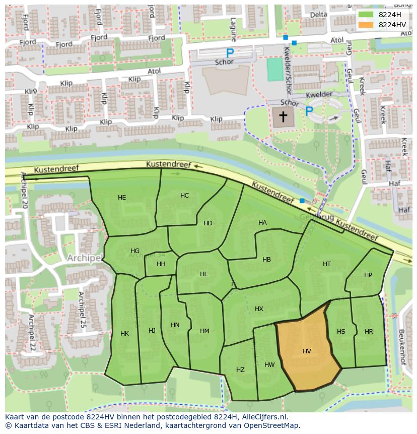 Afbeelding van het postcodegebied 8224 HV op de kaart.