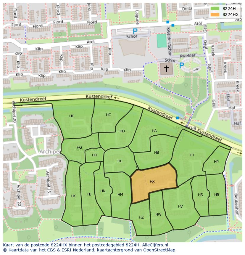 Afbeelding van het postcodegebied 8224 HX op de kaart.