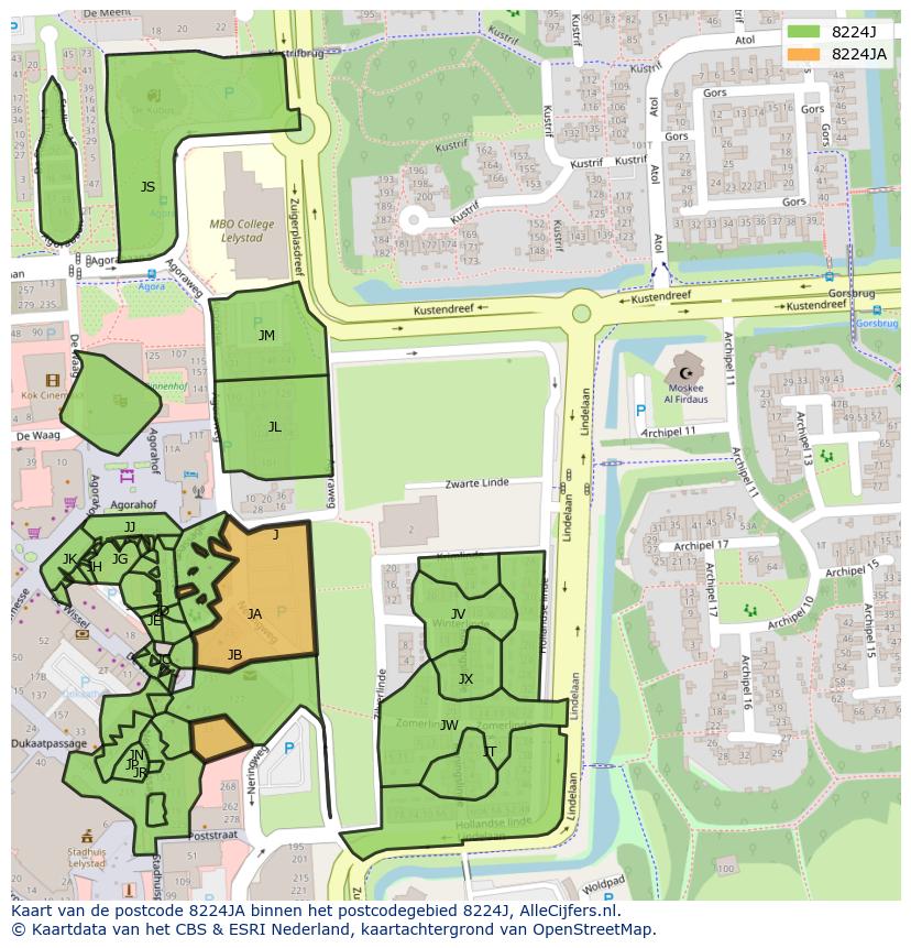 Afbeelding van het postcodegebied 8224 JA op de kaart.