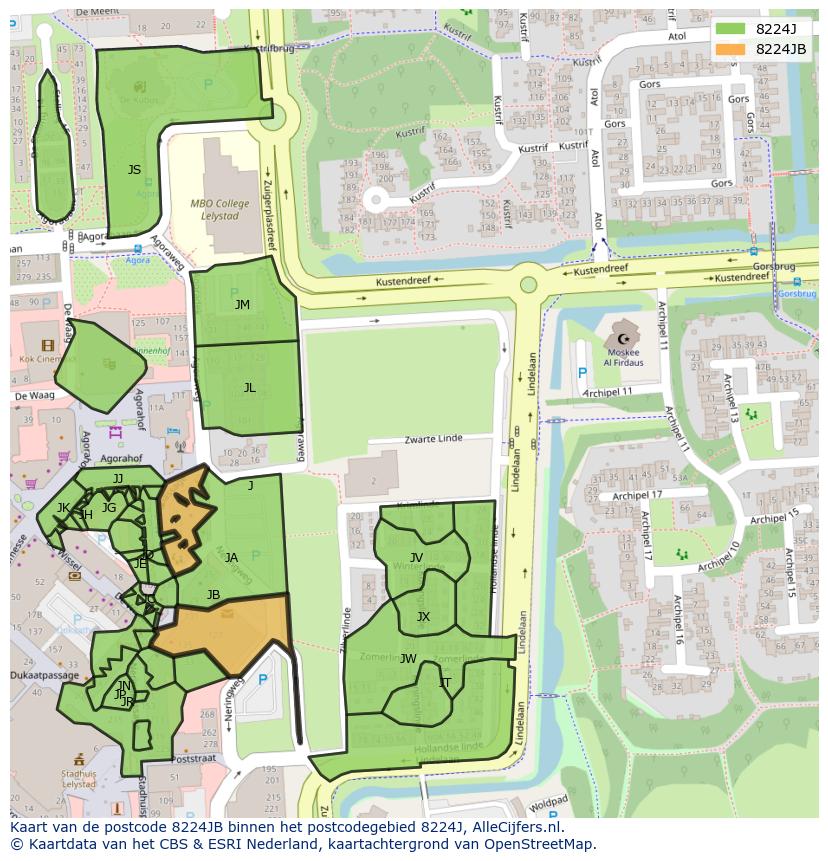 Afbeelding van het postcodegebied 8224 JB op de kaart.