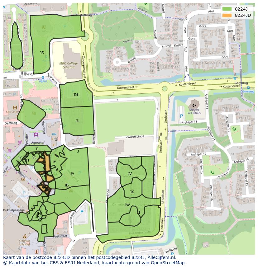 Afbeelding van het postcodegebied 8224 JD op de kaart.