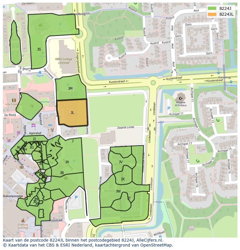 Afbeelding van het postcodegebied 8224 JL op de kaart.