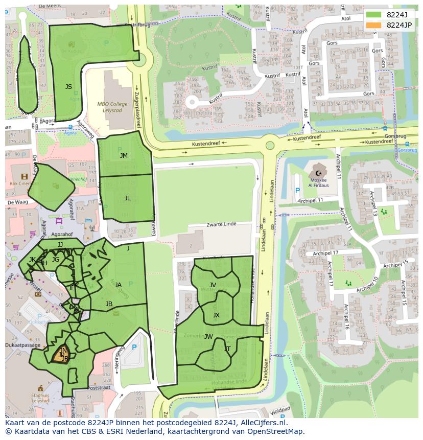 Afbeelding van het postcodegebied 8224 JP op de kaart.