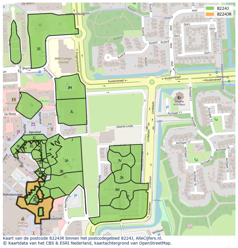 Afbeelding van het postcodegebied 8224 JR op de kaart.