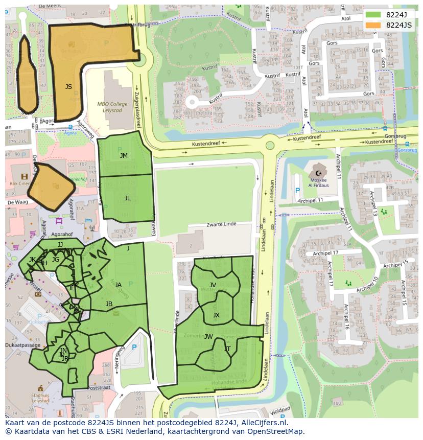 Afbeelding van het postcodegebied 8224 JS op de kaart.